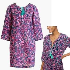 NEW J. Crew Printed Beach Tunic Pink Tassel Swim Coverup 3/4 Sleeve Tropical 2XL